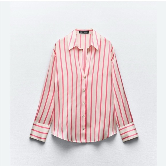 Zara -Satin effect shirt -Pink Striped Women's Top-size M - Picture 3 of 5